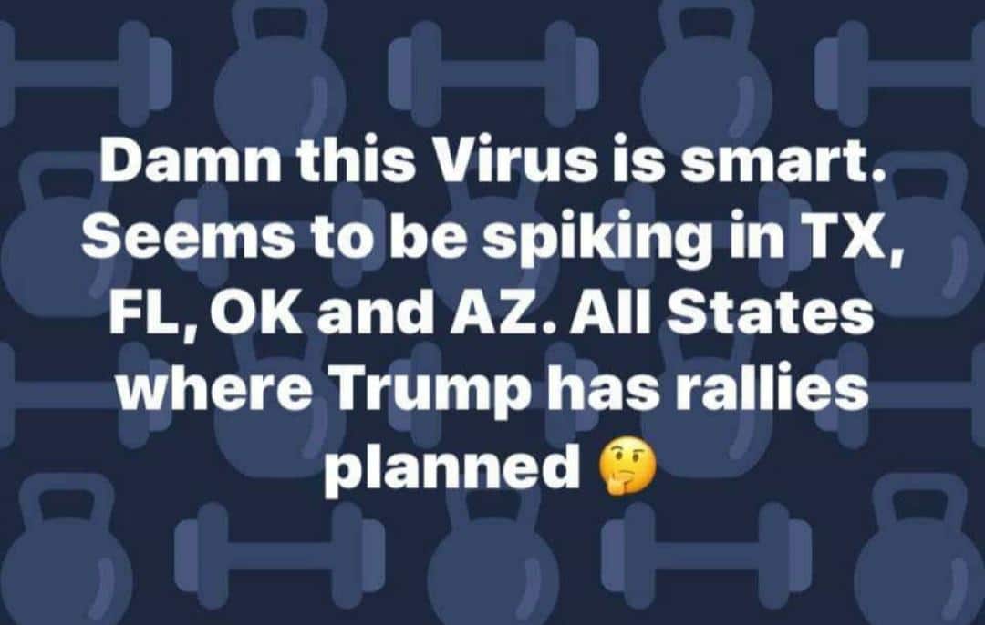 Political, Texas boomer memes Political, Texas text: Damn this Virus is smart. Seems to be spiking in TX, FL, OK and AZ. All States where Trump has rallies planned 