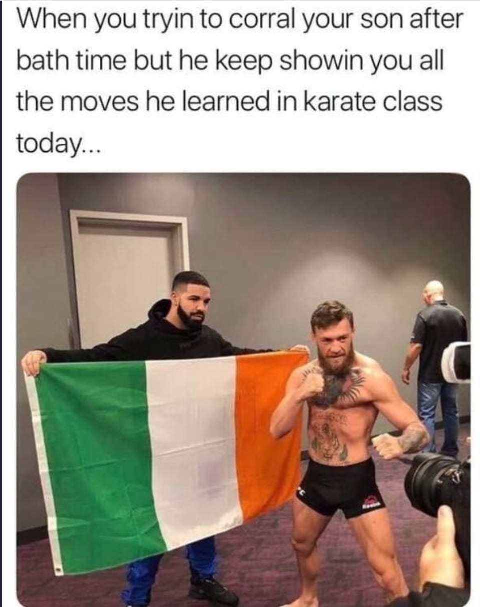 Wholesome memes, Drake, Conor, McGregor, UFC, Irish Wholesome Memes Wholesome memes, Drake, Conor, McGregor, UFC, Irish text: When you tryin to corral your son after bath time but he keep showin you all the moves he learned in karate class today... 