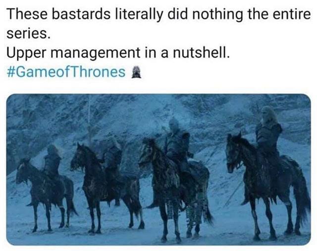 Game of thrones,  Game of thrones memes Game of thrones,  text: These bastards literally did nothing the entire series. Upper management in a nutshell. #GameofThrones A 