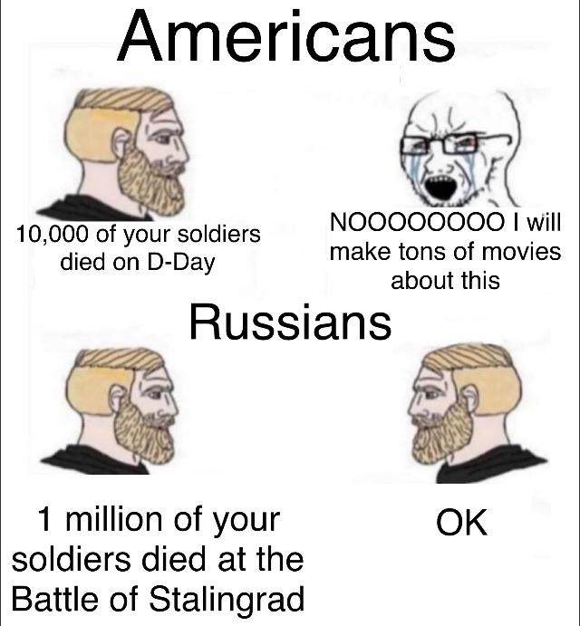 History, Stalingrad, Russian, America, Day, WW2 History Memes History, Stalingrad, Russian, America, Day, WW2 text: Americans 10,000 of your soldiers died on D-Day NOOOOOOOO I Will make tons of movies about this Russians 1 million of your soldiers died at the Battle of Stalingrad OK 
