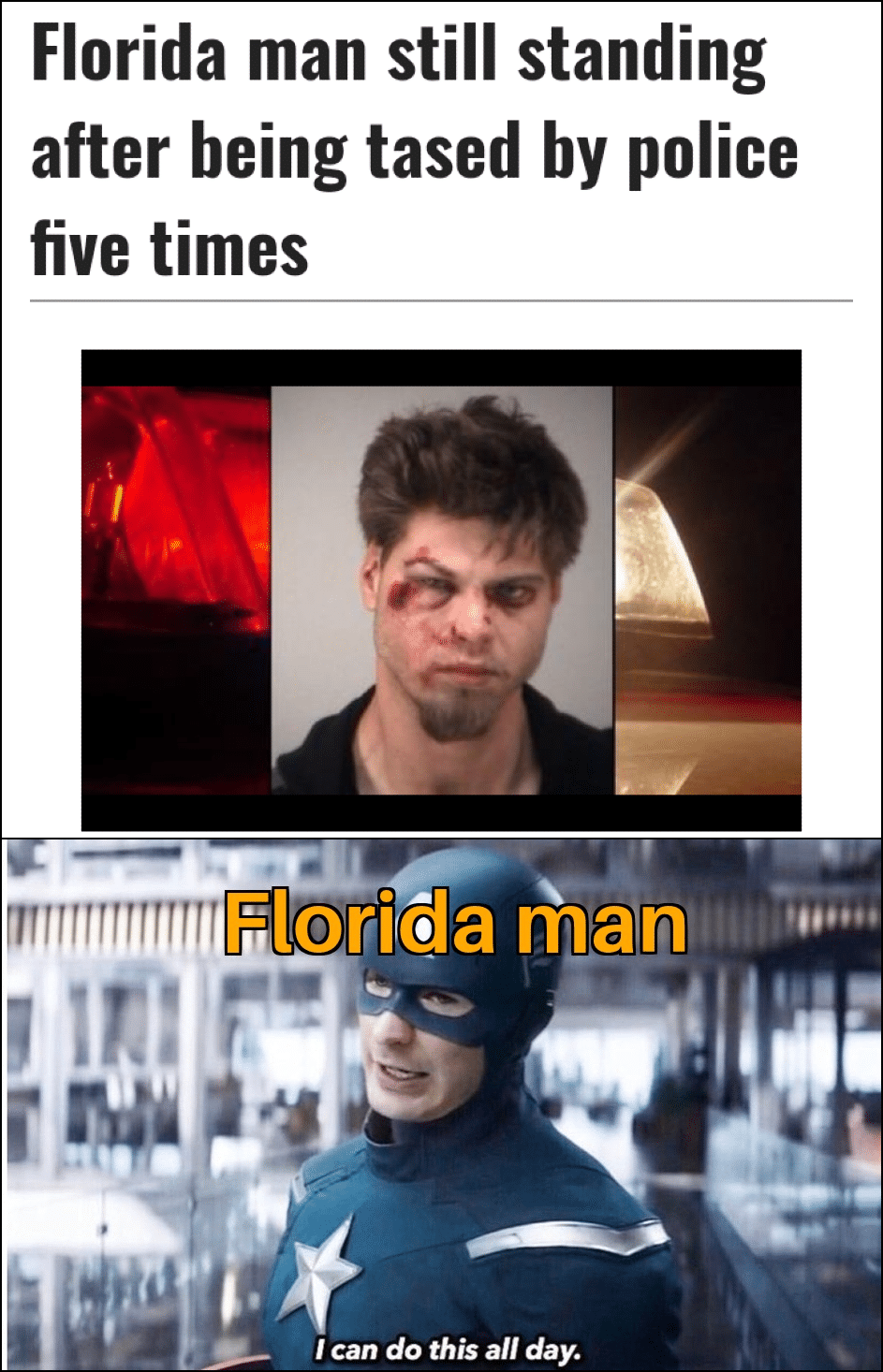Funny, Florida, Floridians, Florida Man, Eels, Floridian other memes Funny, Florida, Floridians, Florida Man, Eels, Floridian text: Florida man still standing after being tased by police five times FloriGla man I can do this all day. 