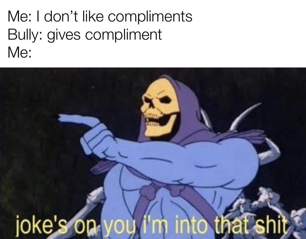 Wholesome memes, Jokes Wholesome Memes Wholesome memes, Jokes text: Me: I don't like compliments Bully: gives compliment joke' 'm intq {shi 