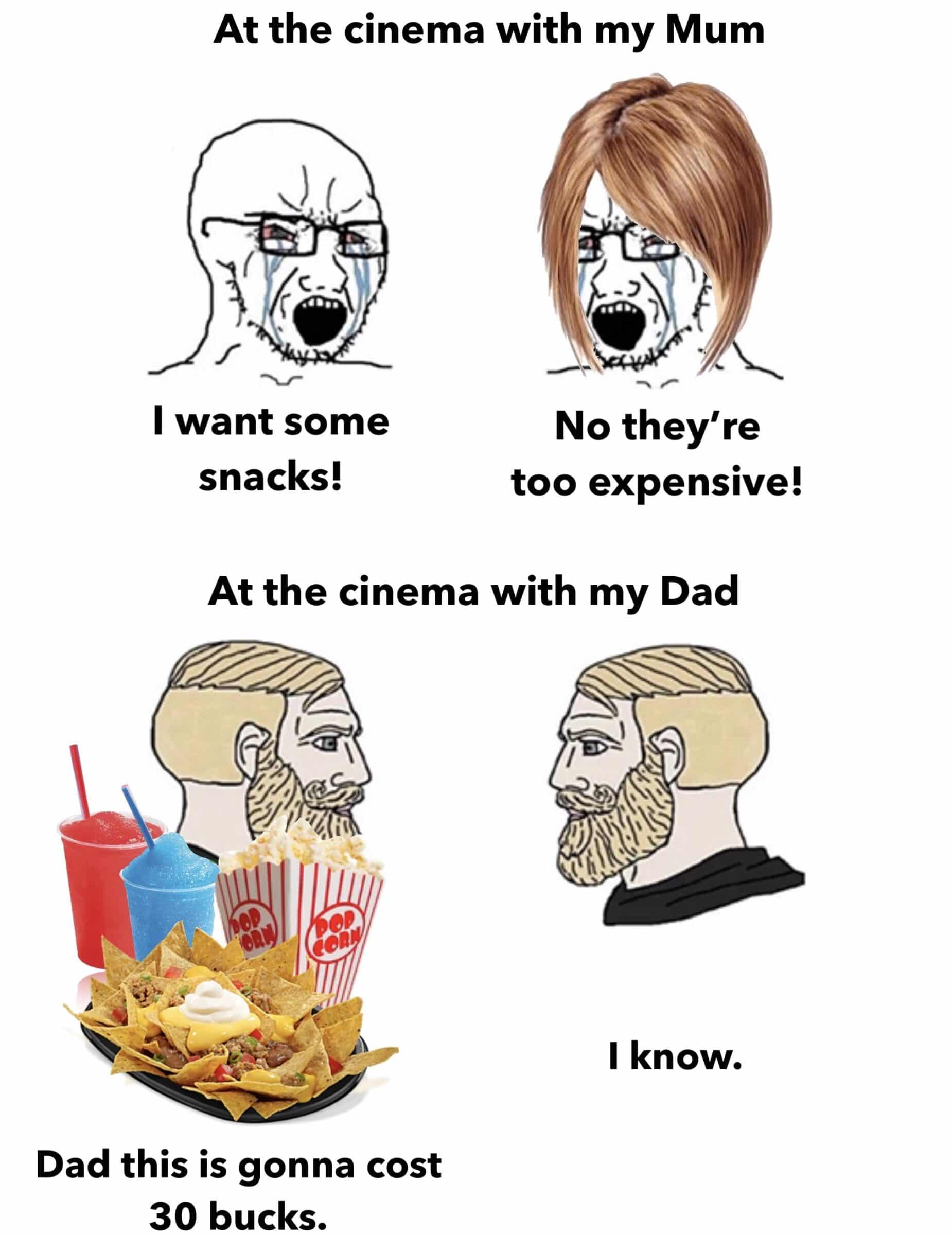 Funny, Dad, Karen, No, Lucky, Deadpool other memes Funny, Dad, Karen, No, Lucky, Deadpool text: At the cinema with my Mum I want some snacks! No they're too expensive! At the cinema with my Dad I know. Dad this is gonna cost 30 bucks. 
