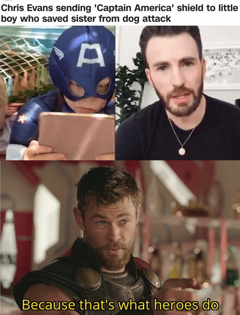 Thanos,  Avengers Memes Thanos,  text: Chris Evans sending 'Captain America' shield to little boy who saved sister from dog attack Because that's what hecggs do 