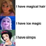 Dank Memes Dank, Snow White, StZcUAPRRac, Simps, Ariel text: I have magical hair I have ice magic I have Simps  Dank, Snow White, StZcUAPRRac, Simps, Ariel