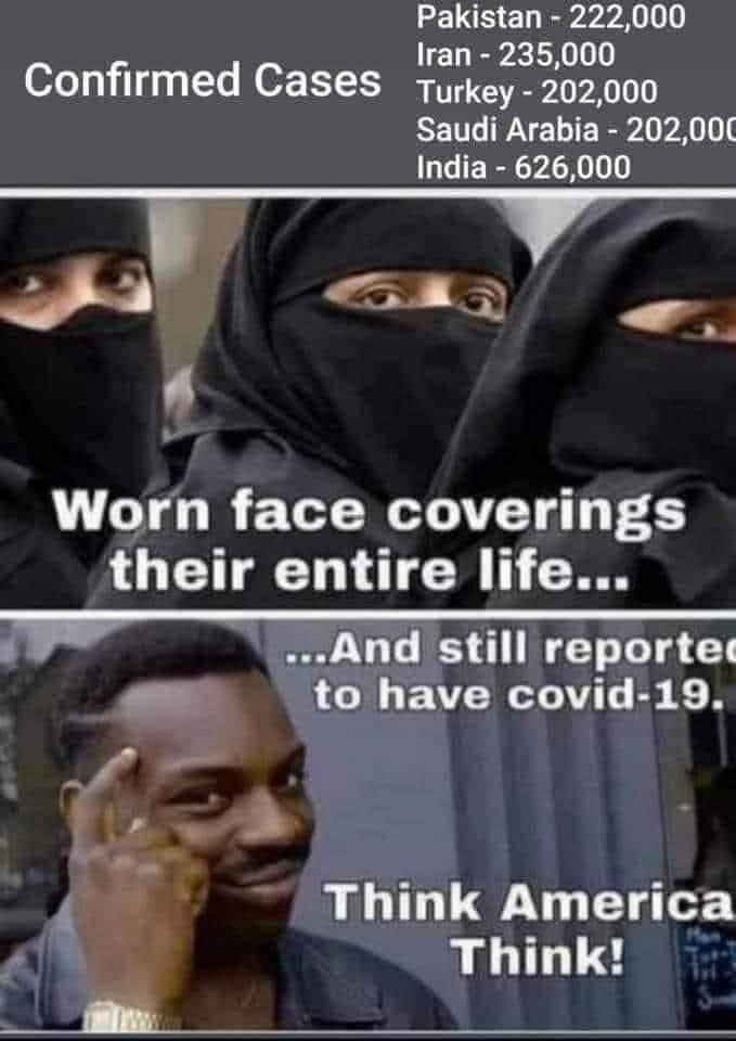 Political,  boomer memes Political,  text: Pakistan - 222,000 Iran - 235,000 Confirmed Cases Turkey- 202,000 Saudi Arabia - India - 626,000 Worn face coverings their entire life... Av...And still reportec to have covid-19. - — k! hink America Think! 