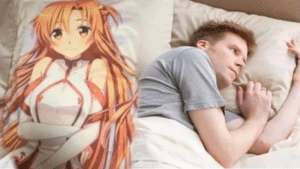 Man in bed with waifu, distracted IRL meme template
