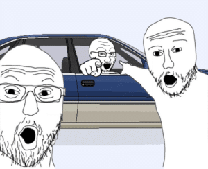 Soyjaks pointing at car Yelling meme template