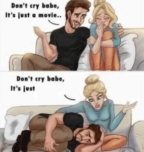 Girlfriend comforting boyfriend crying IRL meme template