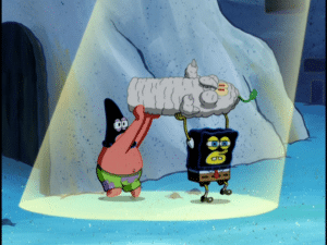 Spongebob and Patrick carrying Squidward Spotlight meme template