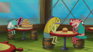 Fish eating burgers while couple look at each other Spongebob meme template