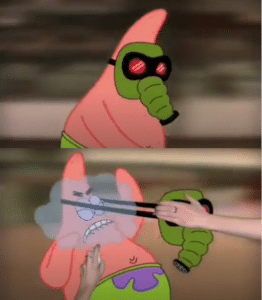 Patrick getting sprayed by perfume Praying meme template