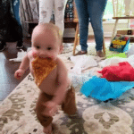 Baby running with pizza Food meme template blank