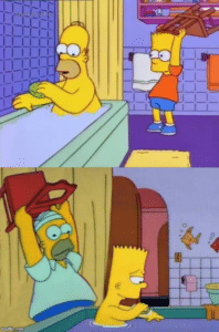 Bart and Homer hitting each other with chairs Subterfuge meme template