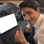 Justin Trudeau at computer with thumbs up Political meme template blank
