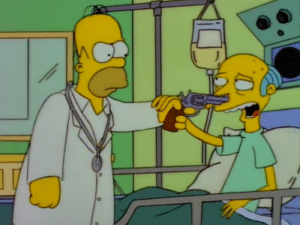 Homer pointing gun at Mr. Burns vs meme template