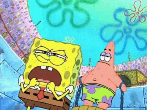 Spongebob yelling while Patrick chained Spongebob meme template