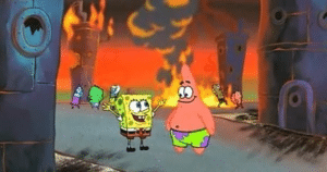 Spongebob and Patrick in burning city City meme template