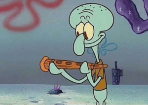 Squidward looking lovingly at clarinet Spongebob meme template