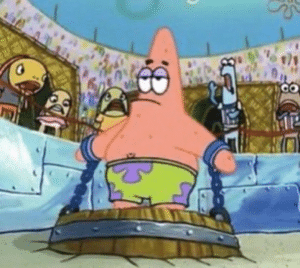 Patrick chained to barrel Spongebob meme template