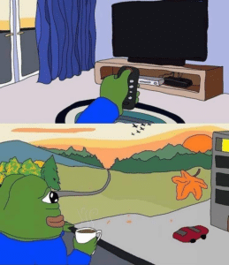Pepe watching TV and then drinking coffee Opinion meme template