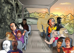 Several happy guys on bus vs. several sad guys on bus Up meme template