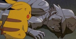 Pikachu looking at Ash turned to stone Looking meme template