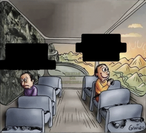 Sad and happy guys riding bus (alt) Window meme template