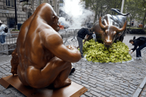 Wall Street Ape vs. Bull Staring meme template