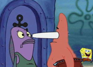 Patrick staring at fish, Spongebob running Patrick meme template