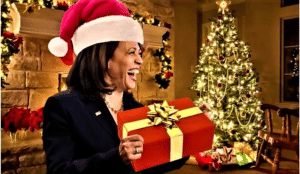 Kamala with gift Holiday meme template