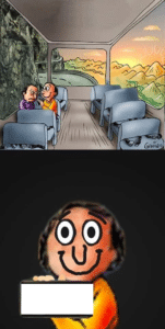 Happy guy on bus showing sad guy something on his phone Genildo meme template