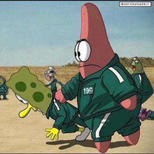Squid Game Patrick saving Spongebob Saving meme template