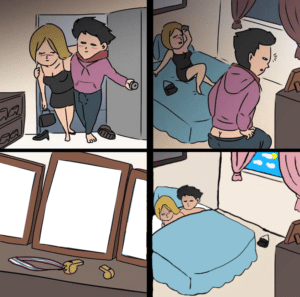 One Night Stand Comic (man stays) Standing meme template