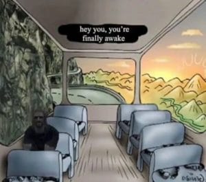 Skyrim “You’re finally awake” on bus Chimera meme template