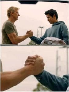 Miguel and Johnny shaking hands Cobra Kai meme template