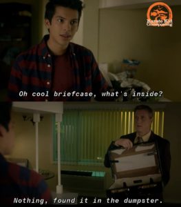 Cool briefcase, whats inside? Cobra Kai Surprised search meme template