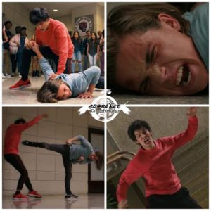 Robby kicking Miguel over rail Cobra Kai Surprised search meme template