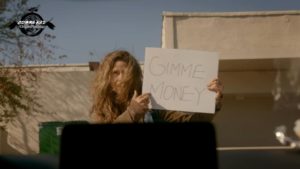 Gimme money sign Cobra Kai Homeless search meme template