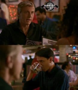 Daniel LaRusso drinking in response to Johnny saying something Cobra Kai meme template