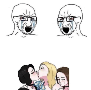 Angry wojaks arguing vs. girl wojaks kissing Thot meme template