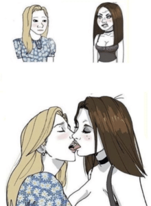Wojak girls talking then kissing IRL meme template
