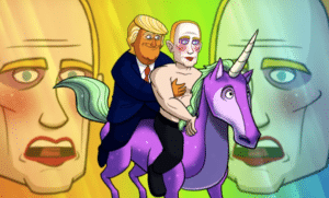 Trump riding unicorn with gay Putin  Political meme template