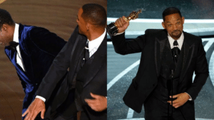 Will Smith slapping Chris Rock then holding award Holding meme template